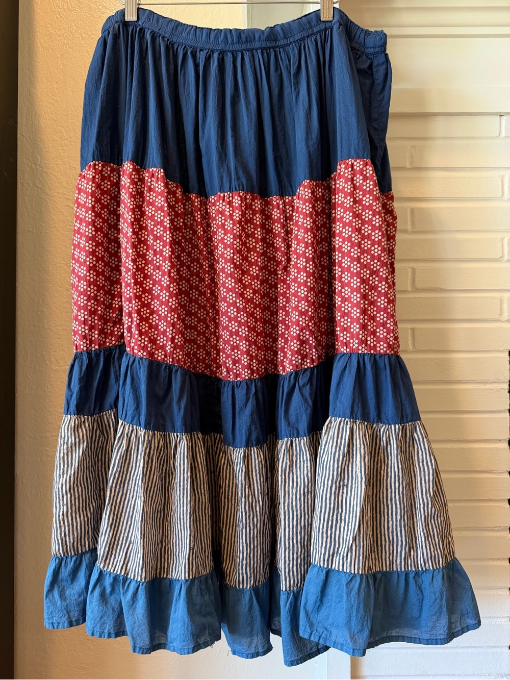 The Territory Ahead Patchwork Tiered Maxi Skirt Blue Red Striped Size 8